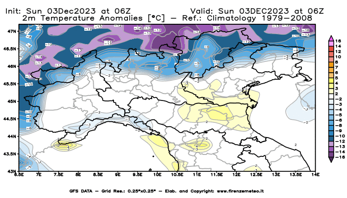Mappa di analisi GFS - Anomalia Temperatura a 2 m in Nord-Italia
							del 3 dicembre 2023 z06
