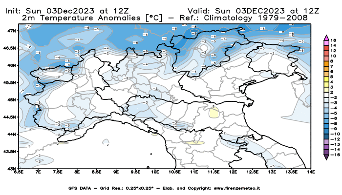 Mappa di analisi GFS - Anomalia Temperatura a 2 m in Nord-Italia
							del 3 dicembre 2023 z12