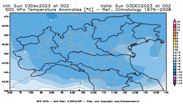 Mappa di analisi GFS - Anomalia Temperatura a 500 hPa in Nord-Italia
							del 3 dicembre 2023 z00