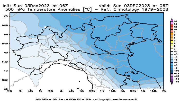 Mappa di analisi GFS - Anomalia Temperatura a 500 hPa in Nord-Italia
							del 3 dicembre 2023 z06