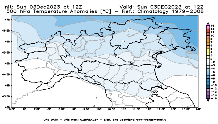 Mappa di analisi GFS - Anomalia Temperatura a 500 hPa in Nord-Italia
							del 3 dicembre 2023 z12