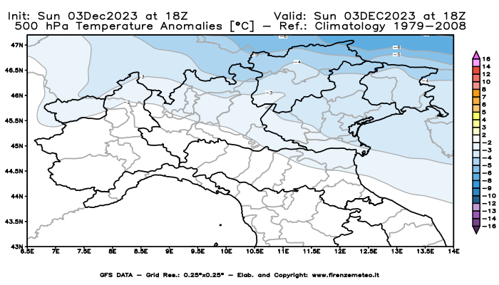 Mappa di analisi GFS - Anomalia Temperatura a 500 hPa in Nord-Italia
							del 3 dicembre 2023 z18