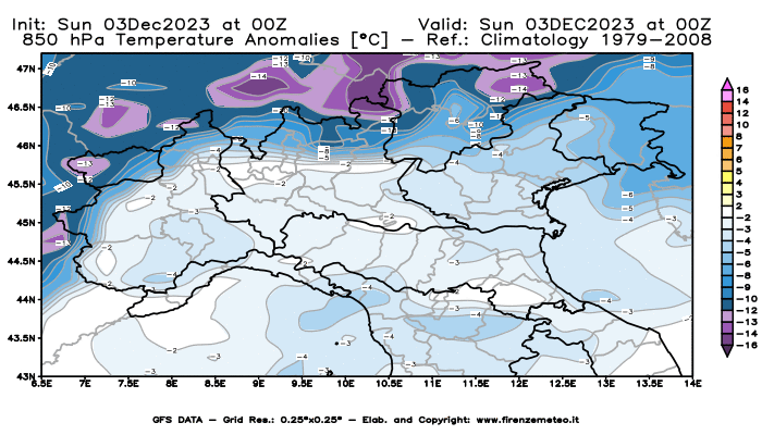 Mappa di analisi GFS - Anomalia Temperatura a 850 hPa in Nord-Italia
							del 3 dicembre 2023 z00
