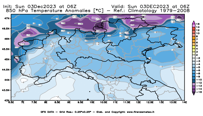 Mappa di analisi GFS - Anomalia Temperatura a 850 hPa in Nord-Italia
							del 3 dicembre 2023 z06