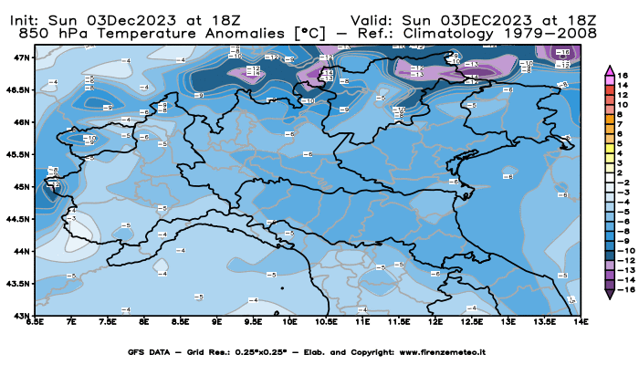 Mappa di analisi GFS - Anomalia Temperatura a 850 hPa in Nord-Italia
							del 3 dicembre 2023 z18