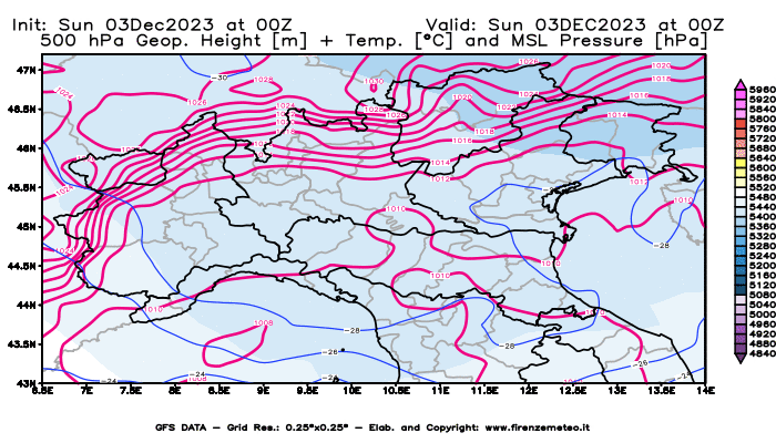 GFS analysi map - Geopotential + Temp. at 500 hPa + Sea Level Pressure in Northern Italy
									on December 3, 2023 H00