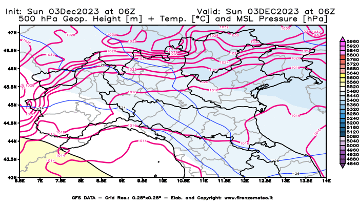 GFS analysi map - Geopotential + Temp. at 500 hPa + Sea Level Pressure in Northern Italy
									on December 3, 2023 H06