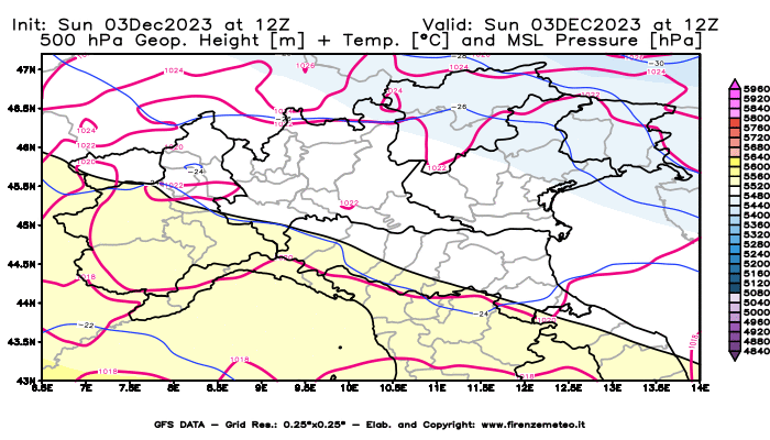 GFS analysi map - Geopotential + Temp. at 500 hPa + Sea Level Pressure in Northern Italy
									on December 3, 2023 H12