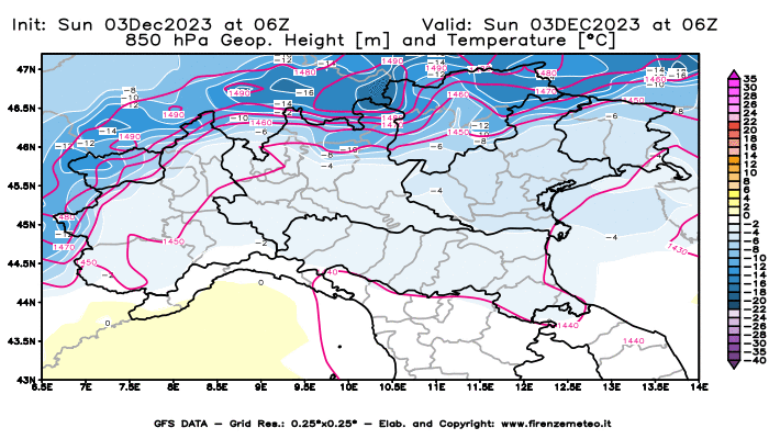 GFS analysi map - Geopotential and Temperature at 850 hPa in Northern Italy
									on December 3, 2023 H06