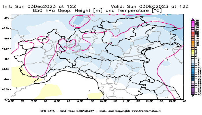 Mappa di analisi GFS - Geopotenziale e Temperatura a 850 hPa in Nord-Italia
							del 3 dicembre 2023 z12