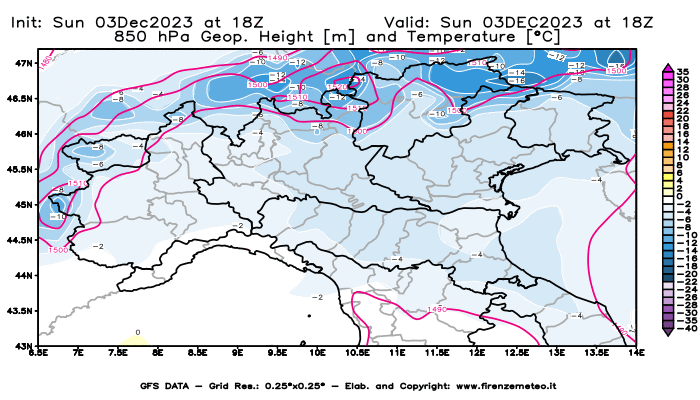 Mappa di analisi GFS - Geopotenziale e Temperatura a 850 hPa in Nord-Italia
							del 3 dicembre 2023 z18