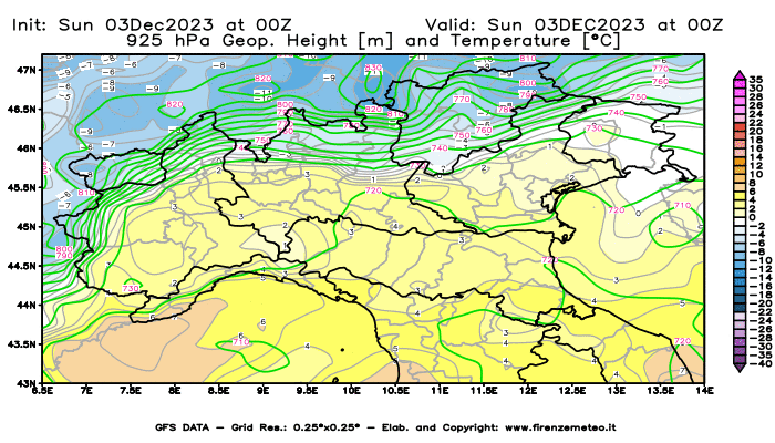 GFS analysi map - Geopotential and Temperature at 925 hPa in Northern Italy
									on December 3, 2023 H00