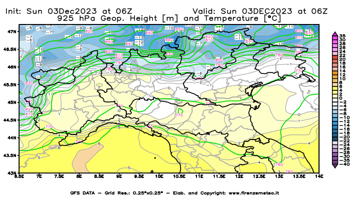 GFS analysi map - Geopotential and Temperature at 925 hPa in Northern Italy
									on December 3, 2023 H06