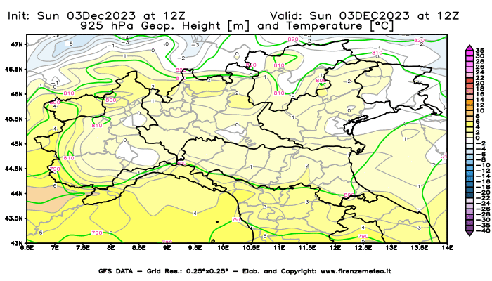 Mappa di analisi GFS - Geopotenziale e Temperatura a 925 hPa in Nord-Italia
							del 3 dicembre 2023 z12