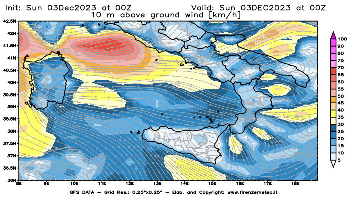 Mappa di analisi GFS - Velocità del vento a 10 metri dal suolo in Sud-Italia
							del 3 dicembre 2023 z00