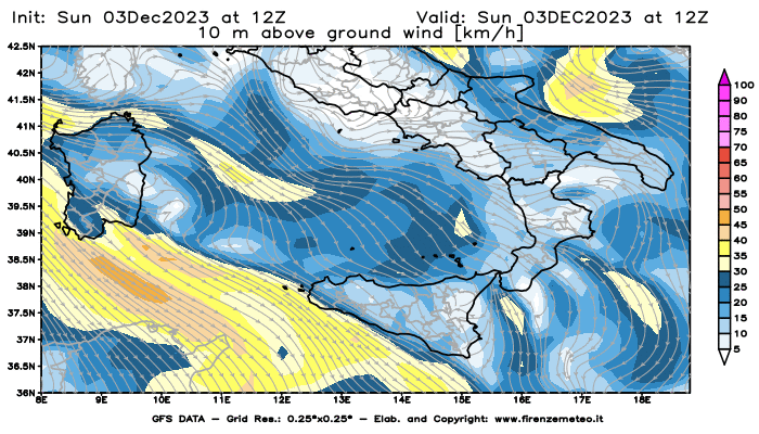 Mappa di analisi GFS - Velocità del vento a 10 metri dal suolo in Sud-Italia
							del 3 dicembre 2023 z12