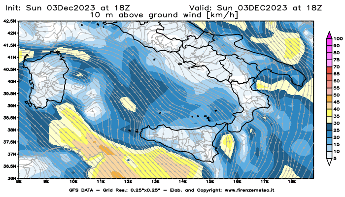 Mappa di analisi GFS - Velocità del vento a 10 metri dal suolo in Sud-Italia
							del 3 dicembre 2023 z18