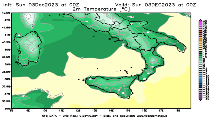 Mappa di analisi GFS - Temperatura a 2 metri dal suolo in Sud-Italia
							del 3 dicembre 2023 z00