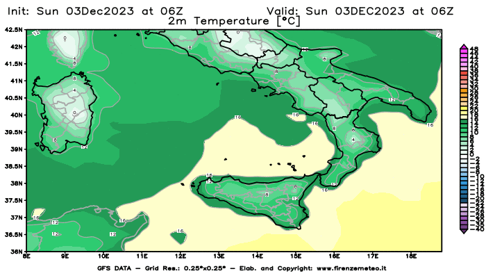 GFS analysi map - Temperature at 2 m above ground in Southern Italy
									on December 3, 2023 H06