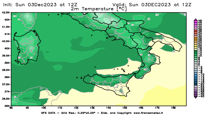 GFS analysi map - Temperature at 2 m above ground in Southern Italy
									on December 3, 2023 H12