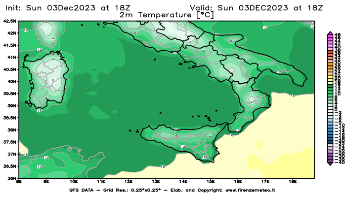 Mappa di analisi GFS - Temperatura a 2 metri dal suolo in Sud-Italia
							del 3 dicembre 2023 z18