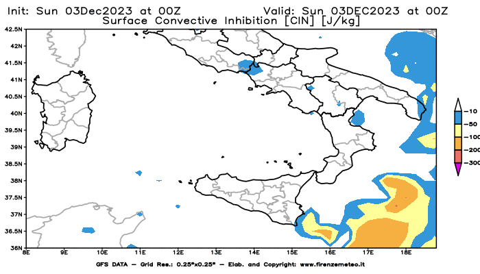 Mappa di analisi GFS - CIN in Sud-Italia
							del 3 dicembre 2023 z00
