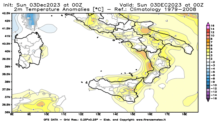 Mappa di analisi GFS - Anomalia Temperatura a 2 m in Sud-Italia
							del 3 dicembre 2023 z00