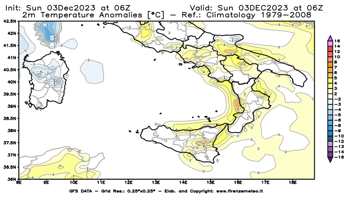 Mappa di analisi GFS - Anomalia Temperatura a 2 m in Sud-Italia
							del 3 dicembre 2023 z06