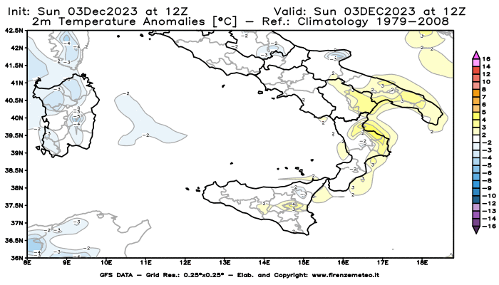 Mappa di analisi GFS - Anomalia Temperatura a 2 m in Sud-Italia
							del 3 dicembre 2023 z12