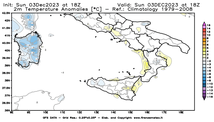 Mappa di analisi GFS - Anomalia Temperatura a 2 m in Sud-Italia
							del 3 dicembre 2023 z18