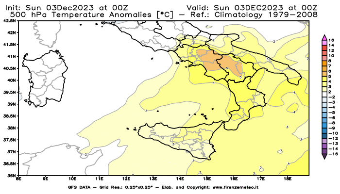 GFS analysi map - Temperature Anomalies at 500 hPa in Southern Italy
									on December 3, 2023 H00