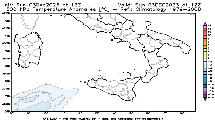 Mappa di analisi GFS - Anomalia Temperatura a 500 hPa in Sud-Italia
							del 3 dicembre 2023 z12