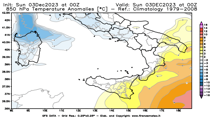 Mappa di analisi GFS - Anomalia Temperatura a 850 hPa in Sud-Italia
							del 3 dicembre 2023 z00