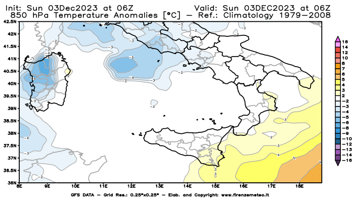 Mappa di analisi GFS - Anomalia Temperatura a 850 hPa in Sud-Italia
							del 3 dicembre 2023 z06
