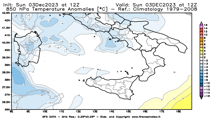 Mappa di analisi GFS - Anomalia Temperatura a 850 hPa in Sud-Italia
							del 3 dicembre 2023 z12