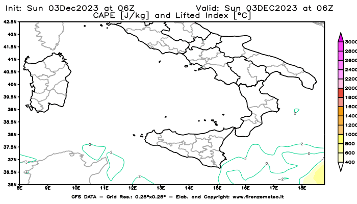 Mappa di analisi GFS - CAPE e Lifted Index in Sud-Italia
							del 3 dicembre 2023 z06