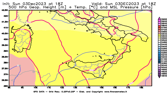 GFS analysi map - Geopotential + Temp. at 500 hPa + Sea Level Pressure in Southern Italy
									on December 3, 2023 H18
