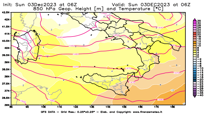 GFS analysi map - Geopotential and Temperature at 850 hPa in Southern Italy
									on December 3, 2023 H06