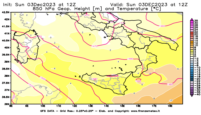GFS analysi map - Geopotential and Temperature at 850 hPa in Southern Italy
									on December 3, 2023 H12