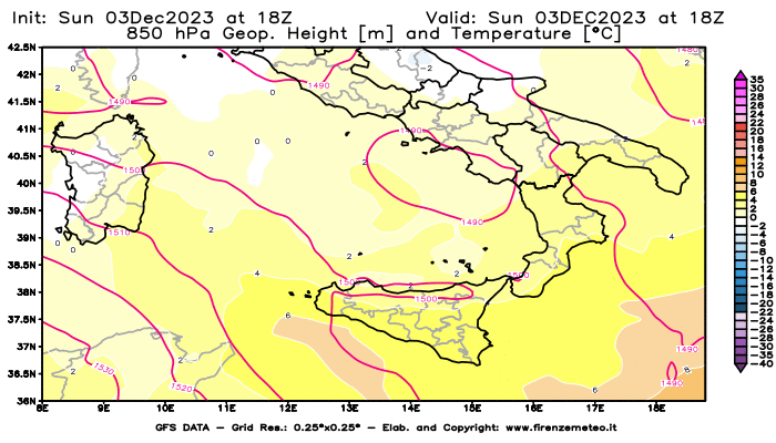 GFS analysi map - Geopotential and Temperature at 850 hPa in Southern Italy
									on December 3, 2023 H18
