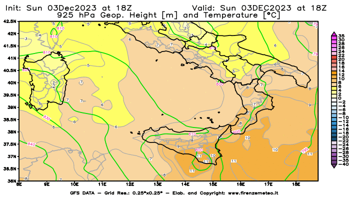 GFS analysi map - Geopotential and Temperature at 925 hPa in Southern Italy
									on December 3, 2023 H18