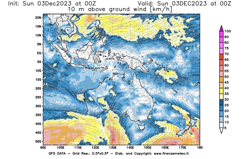 Mappa di analisi GFS - Velocità del vento a 10 metri dal suolo in Oceania
							del 3 dicembre 2023 z00