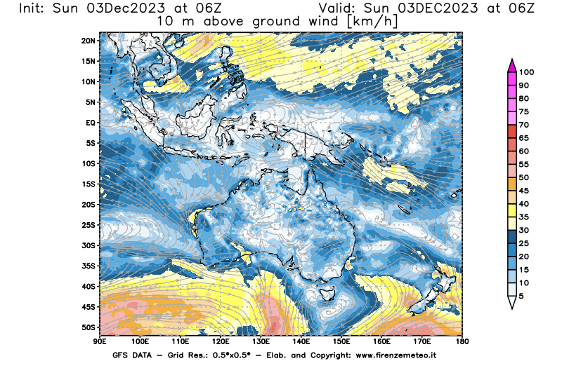 Mappa di analisi GFS - Velocità del vento a 10 metri dal suolo in Oceania
							del 3 dicembre 2023 z06