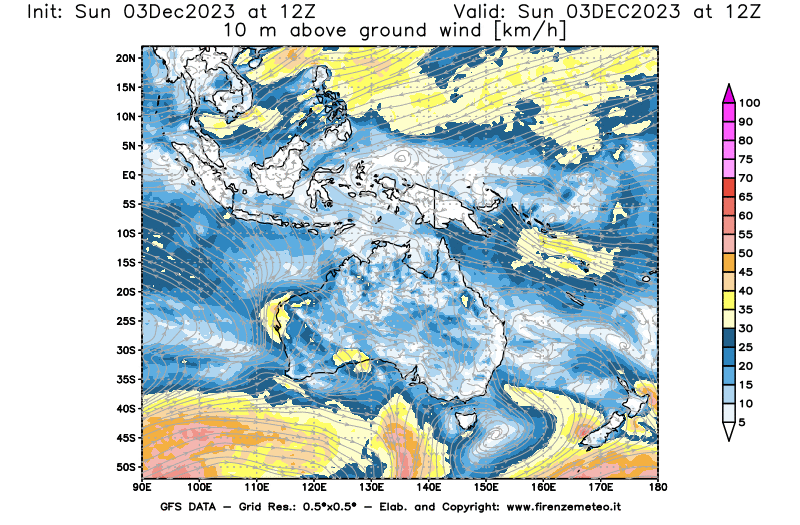 Mappa di analisi GFS - Velocità del vento a 10 metri dal suolo in Oceania
							del 3 dicembre 2023 z12
