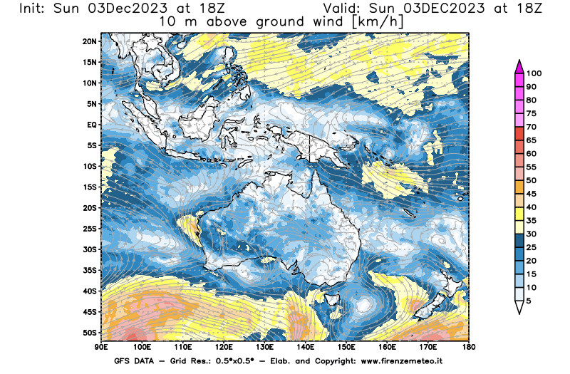 Mappa di analisi GFS - Velocità del vento a 10 metri dal suolo in Oceania
							del 3 dicembre 2023 z18