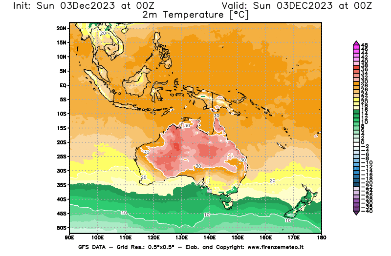 Mappa di analisi GFS - Temperatura a 2 metri dal suolo in Oceania
							del 3 dicembre 2023 z00