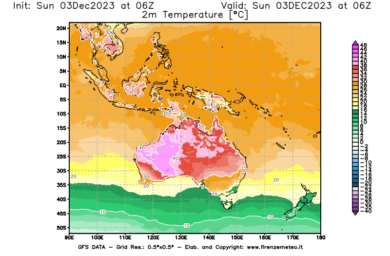 Mappa di analisi GFS - Temperatura a 2 metri dal suolo in Oceania
							del 3 dicembre 2023 z06