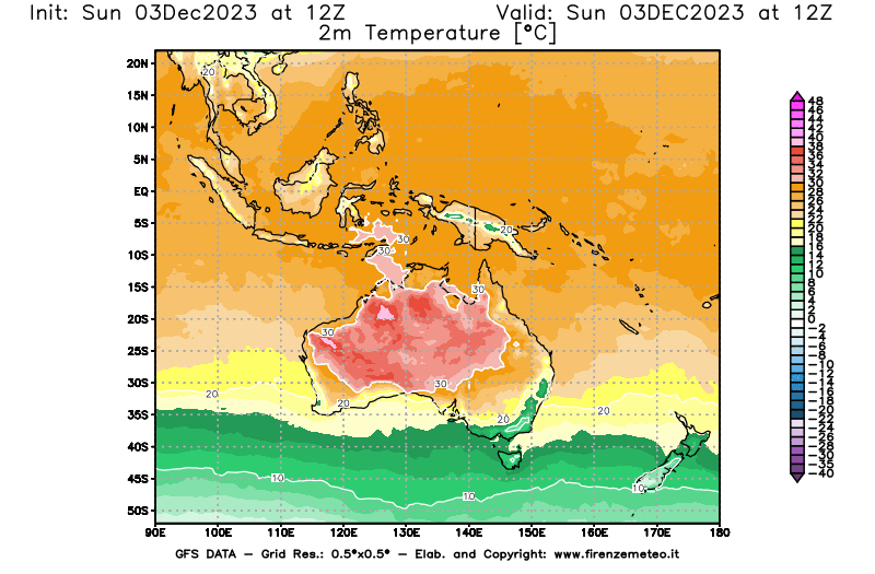 Mappa di analisi GFS - Temperatura a 2 metri dal suolo in Oceania
							del 3 dicembre 2023 z12