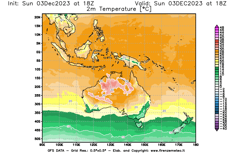 GFS analysi map - Temperature at 2 m above ground in Oceania
									on December 3, 2023 H18