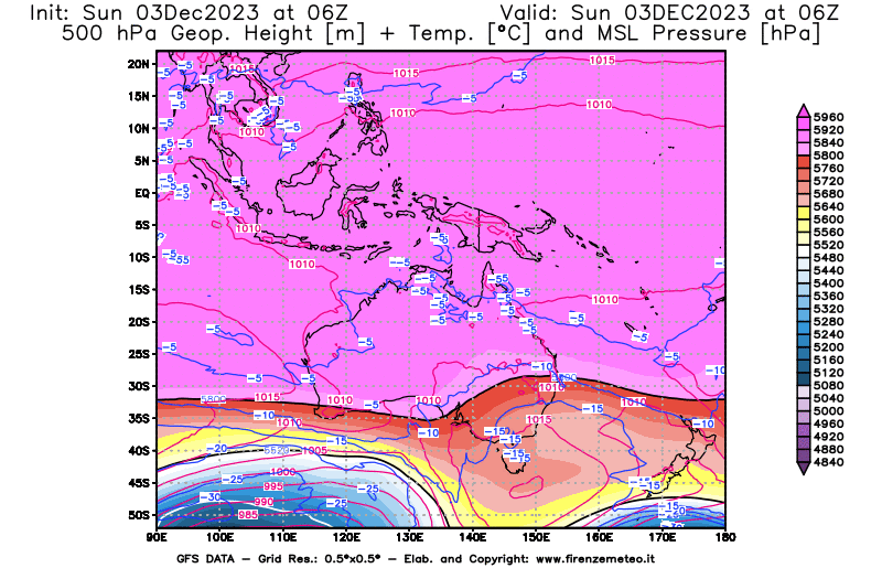 GFS analysi map - Geopotential + Temp. at 500 hPa + Sea Level Pressure in Oceania
									on December 3, 2023 H06